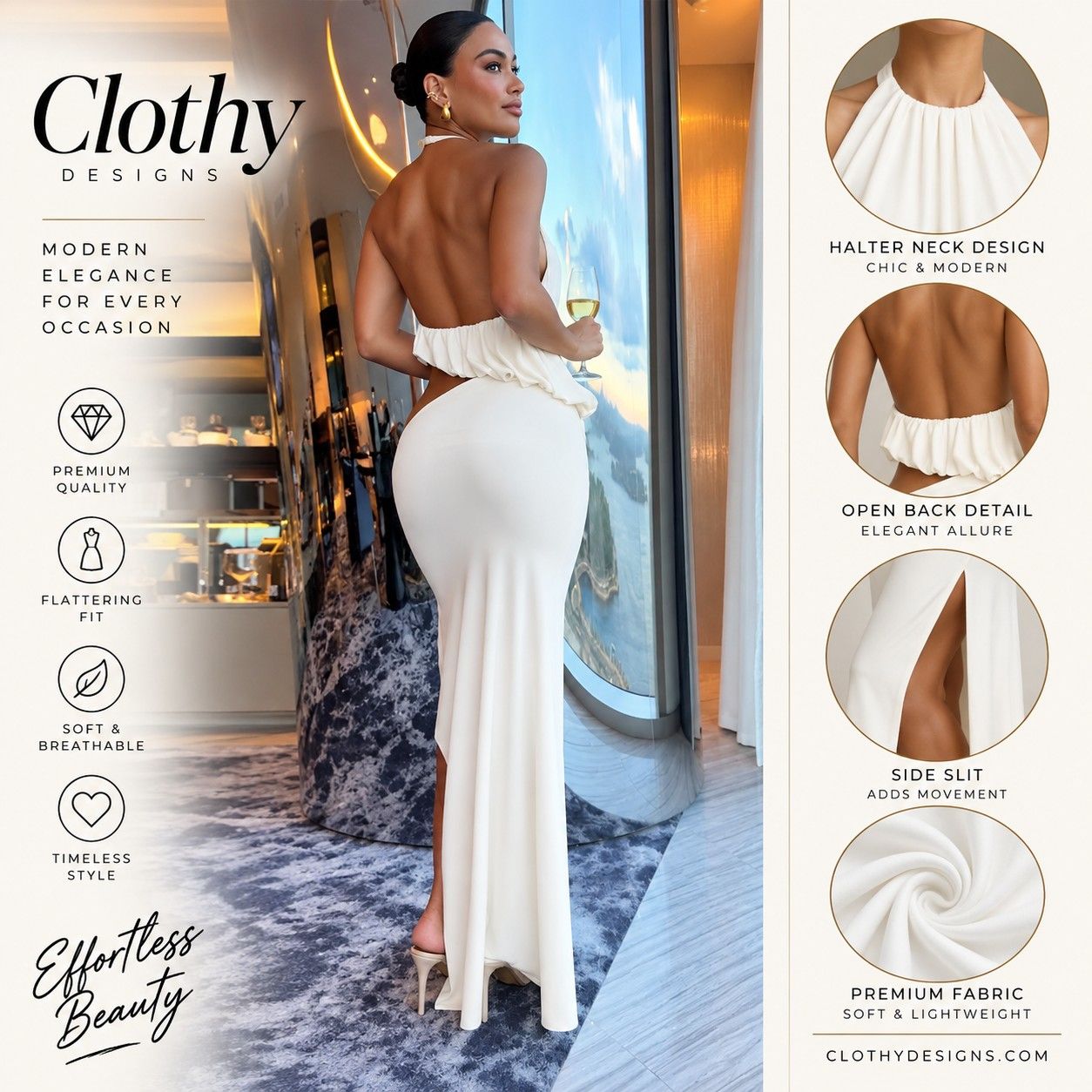 Women's White Halter Ruched Top & Maxi Skirt Set – Backless Sleeveless Elegant Party Outfit